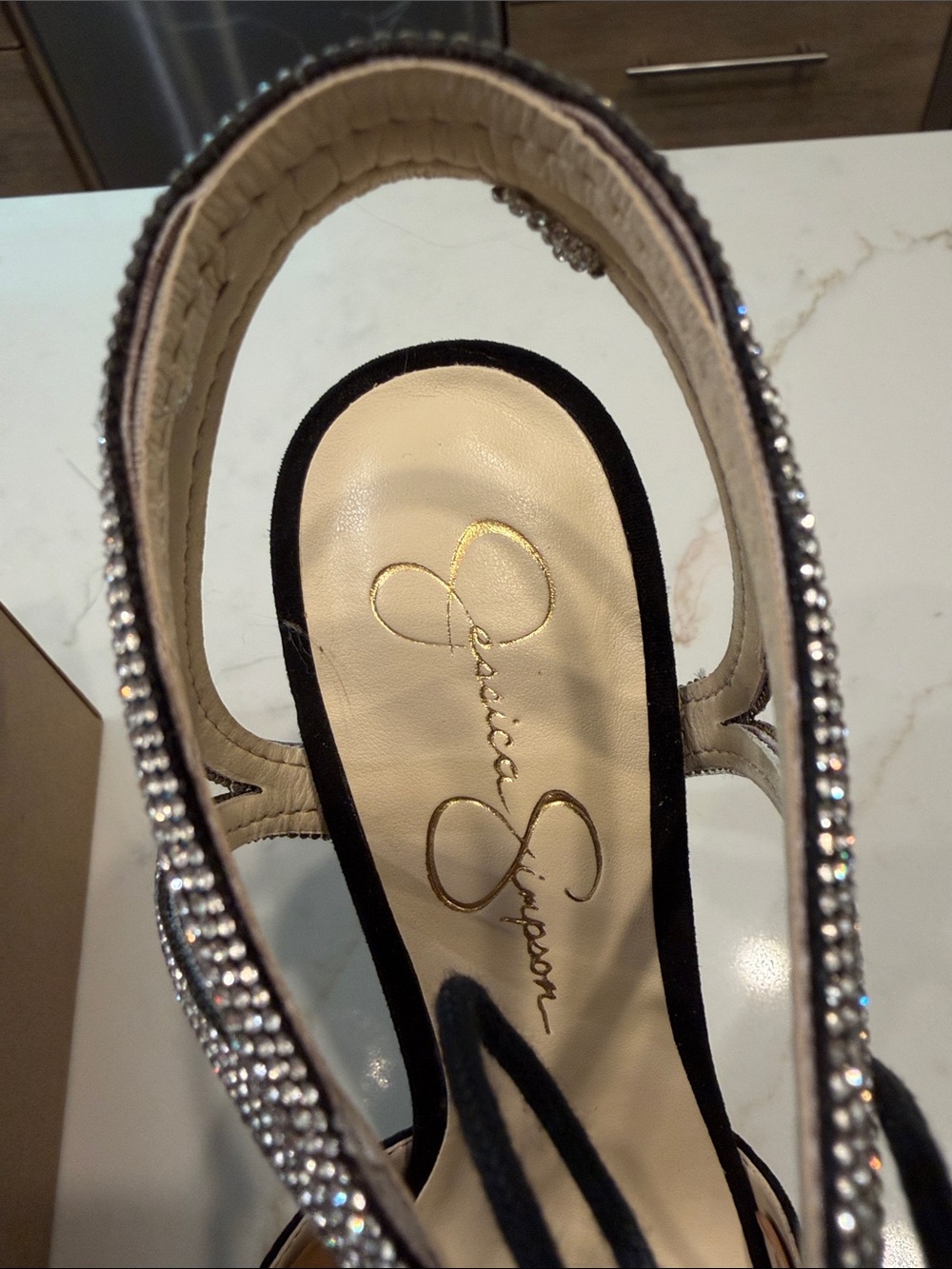 🆕 Jessica Simpson Black Suede Pointed Toe Rhinestone Ankle Tie Heels - Picture 17 of 17